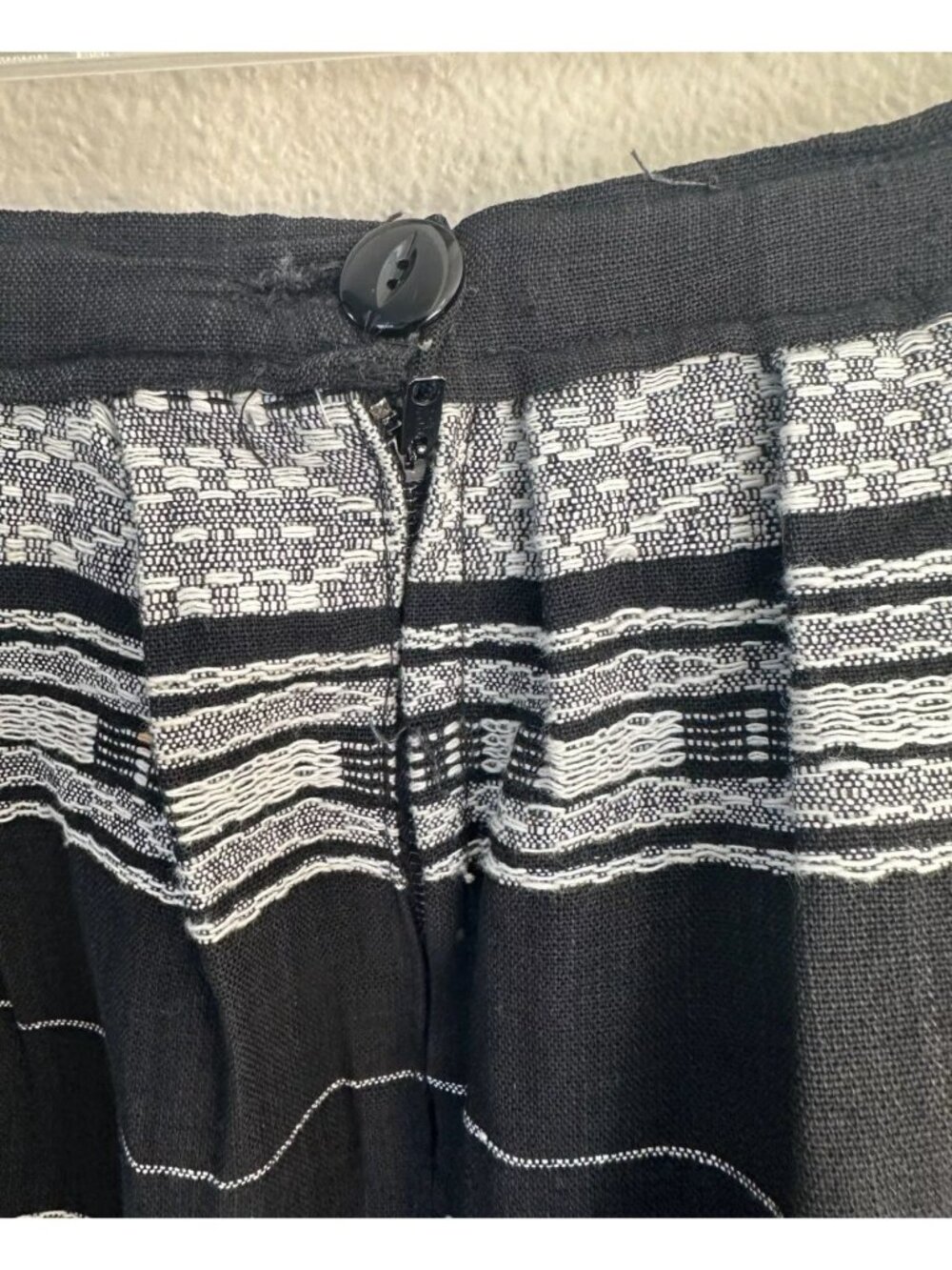 Black White Woven Knee-Length A-Line Skirt Striped Ethnic Pattern Pleated - Picture 5 of 8